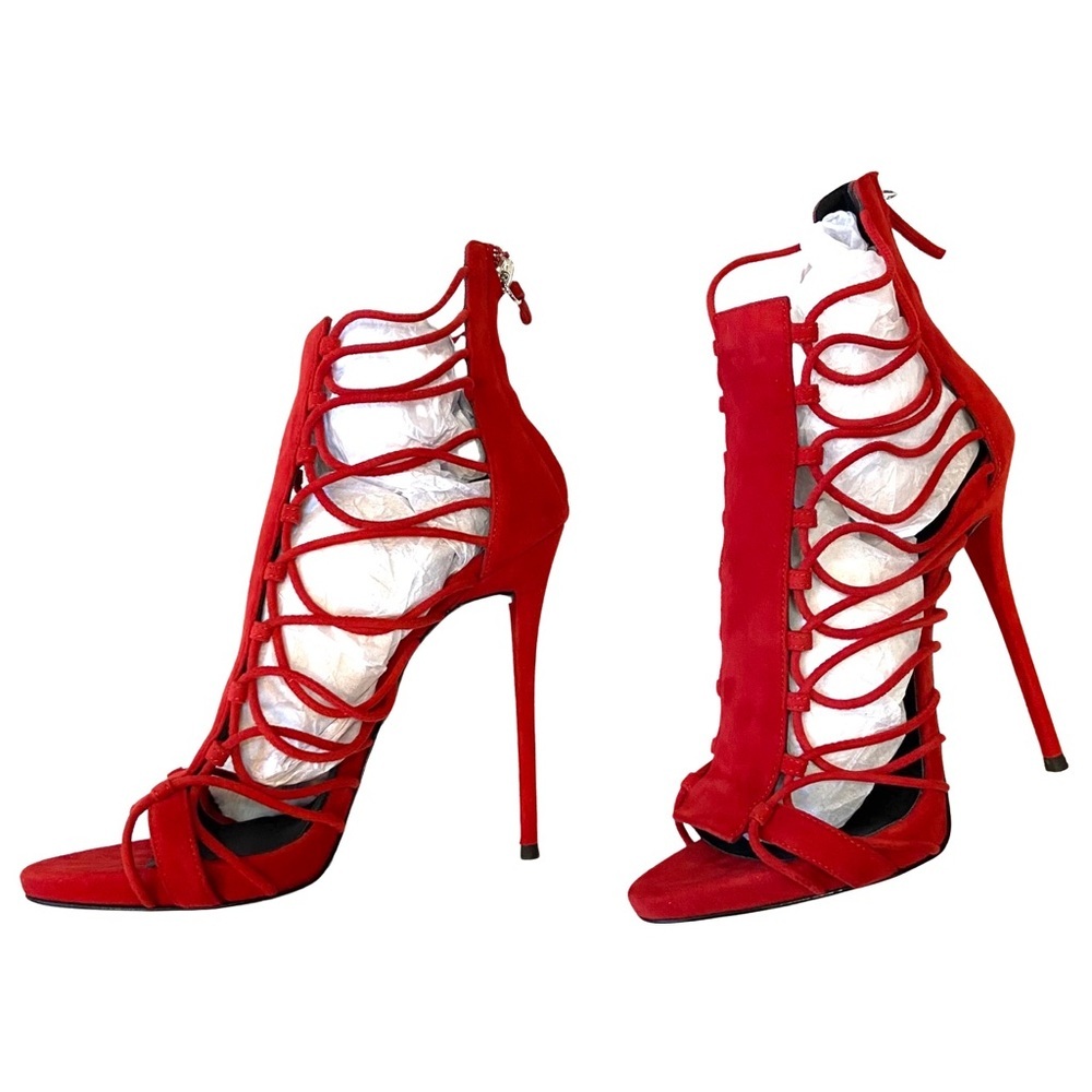 NWOB Giuseppe Zanotti Red Suede Zoey Cage Sandal Stiletto Heels Size 8 - Picture 6 of 11